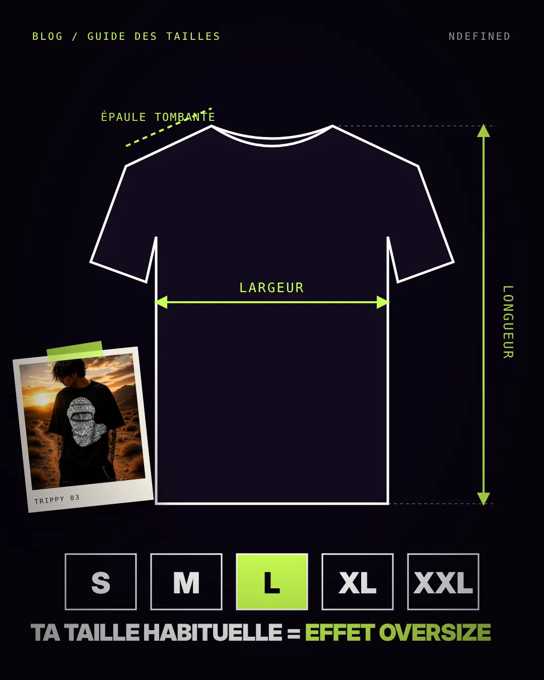 Schéma de mesure d'un t-shirt oversize et tailles de S à XXL