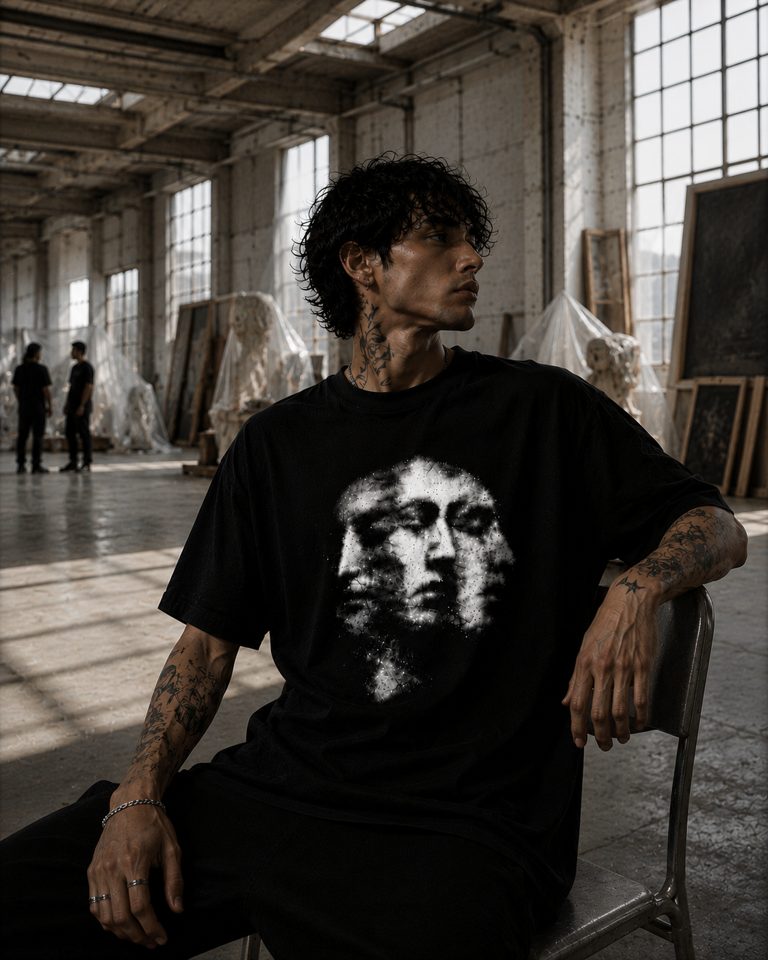 Dystopia T-shirt 01 front print in a cold industrial studio