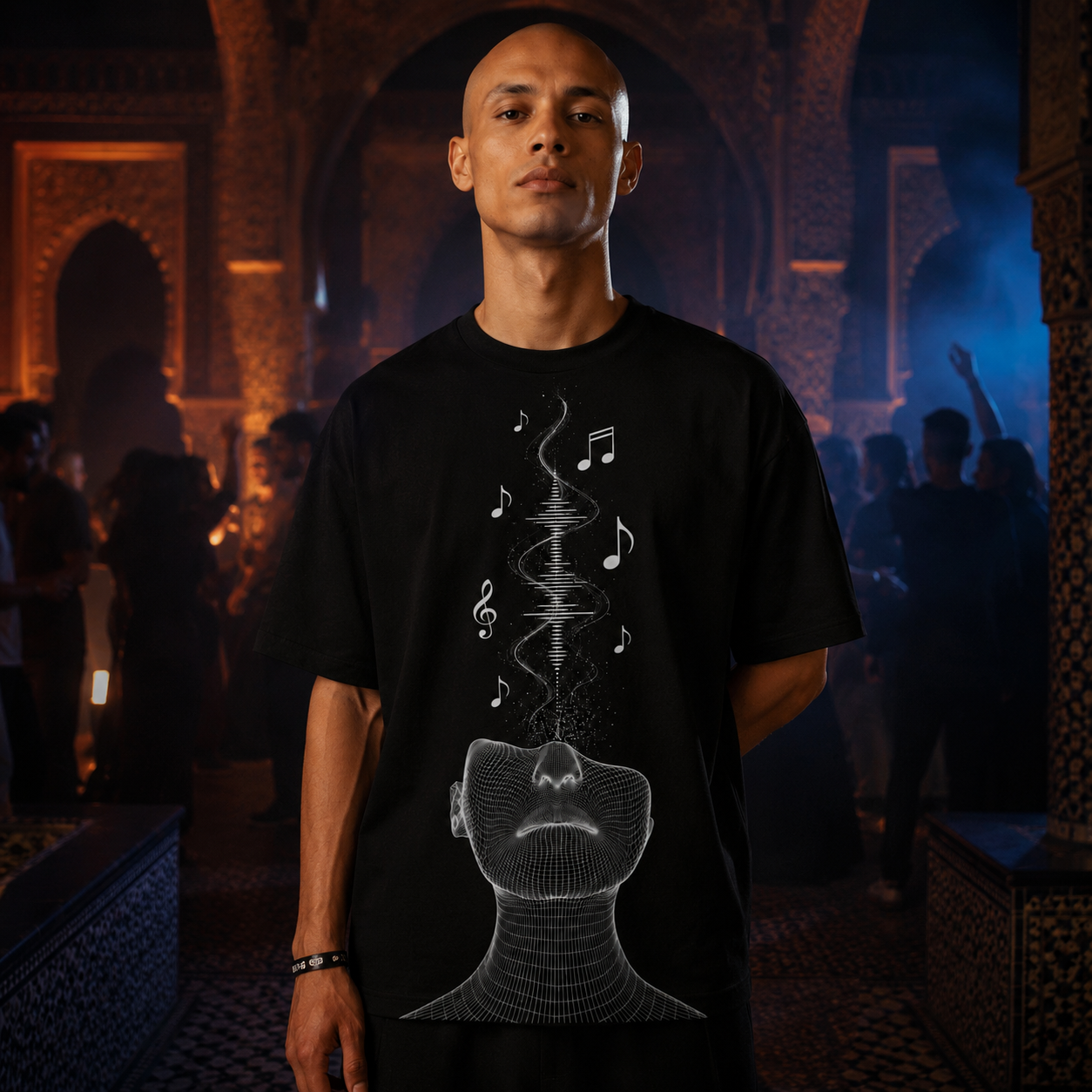 Dystopia T-shirt 03 back print in a neon city alley