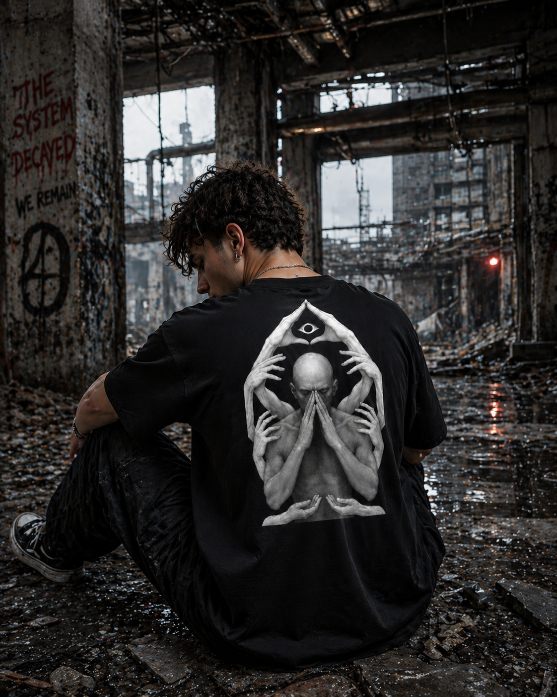 Dystopia T-shirt in a ruined concrete interior