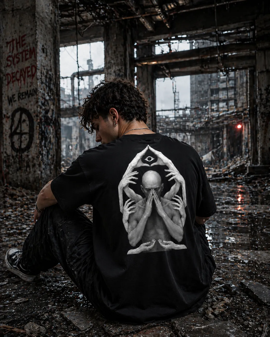 T-shirt noir DYSTOPIA dans un intérieur en béton en ruine