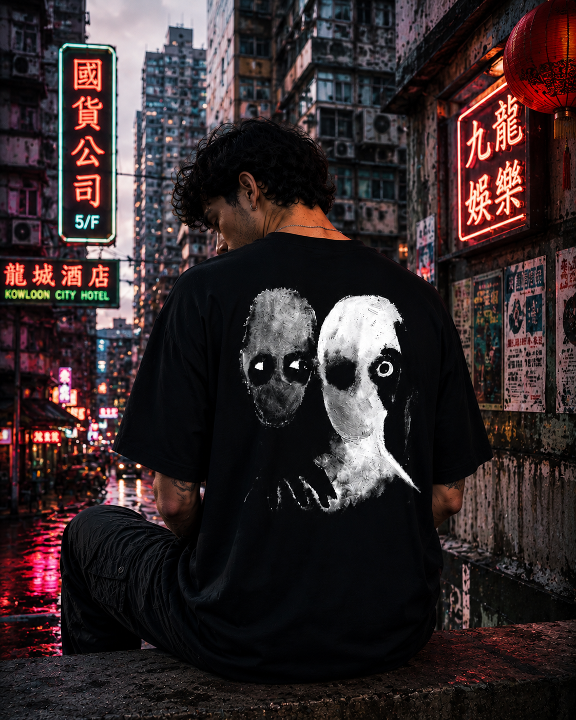 Dystopia T-shirt 03 back print in a neon city alley