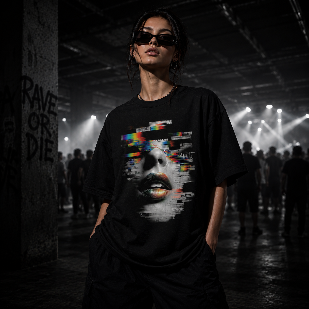 Dystopia T-shirt 02 front print under underground rave lights
