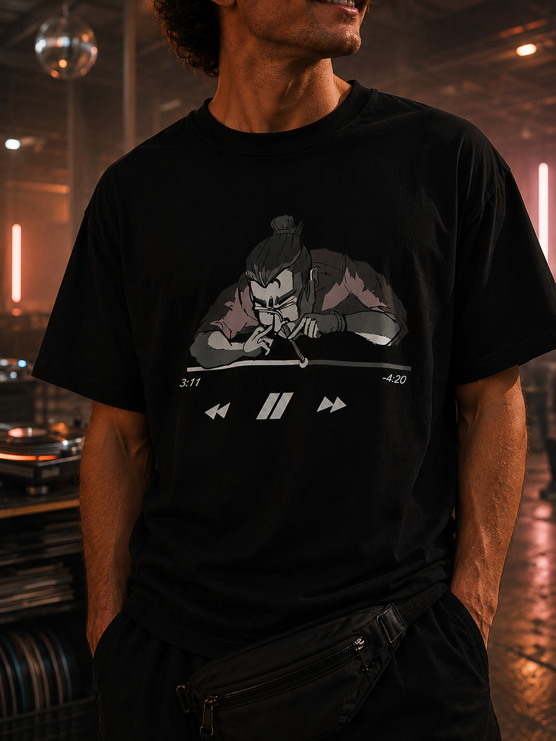 TECHNO T-shirt 01 model under warm club lights