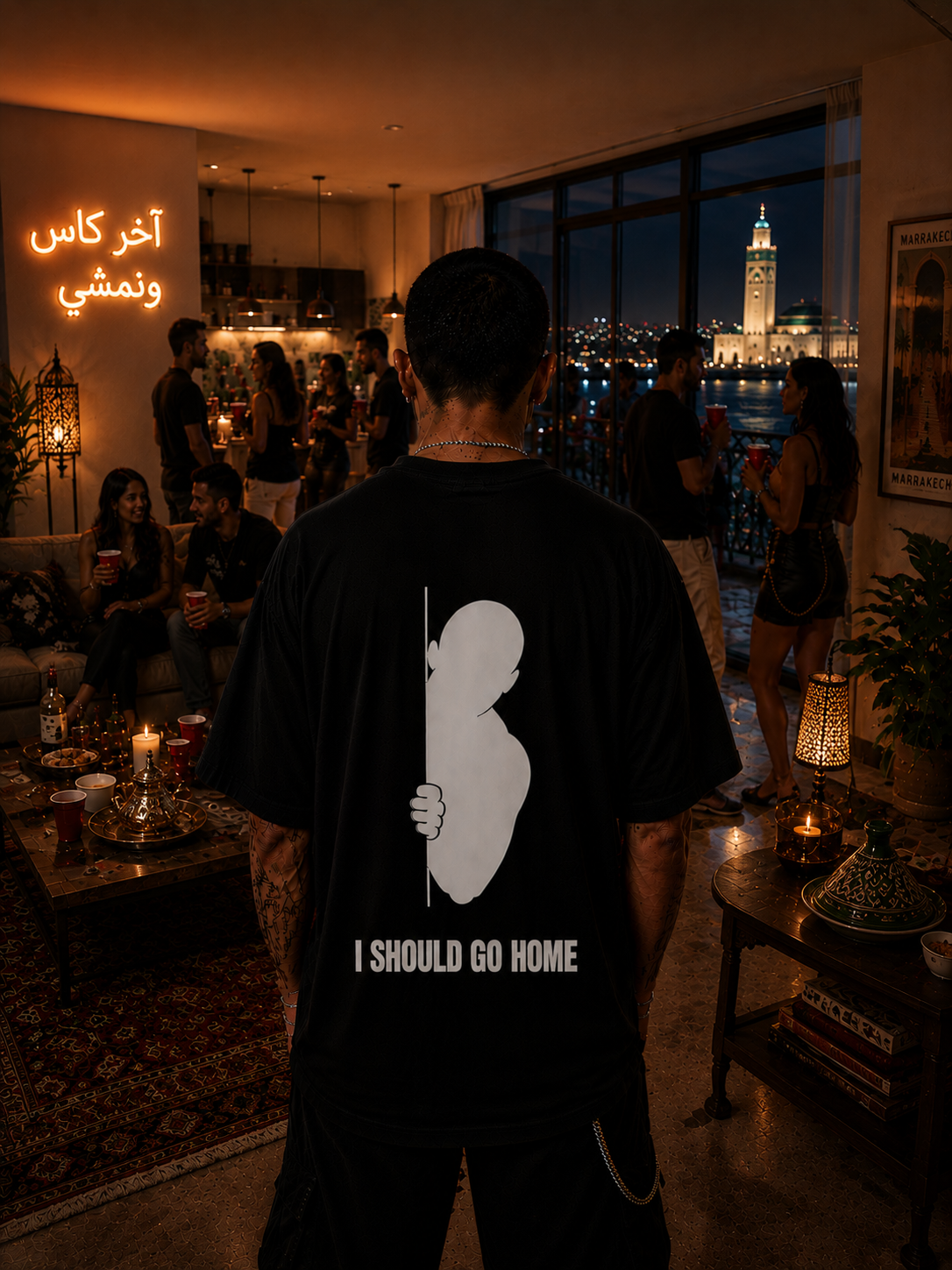 TECHNO T-shirt 02 back print at a Casablanca night gathering