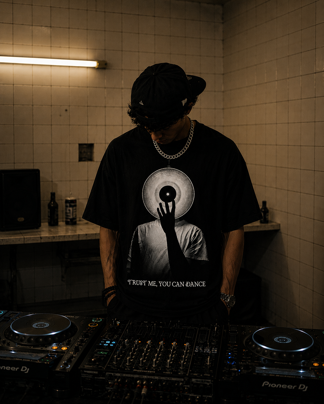 TECHNO T-shirt 03 front print behind DJ decks