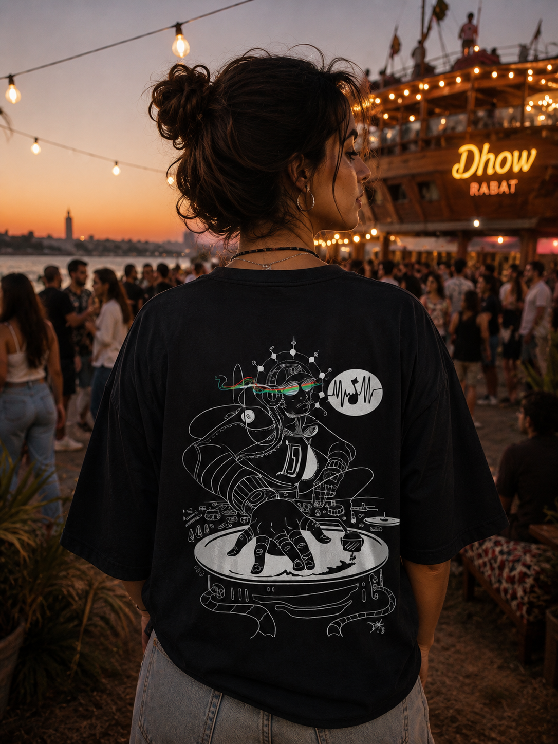 TRIPPY T-shirt 01 back print at Rabat Dhow during sunset