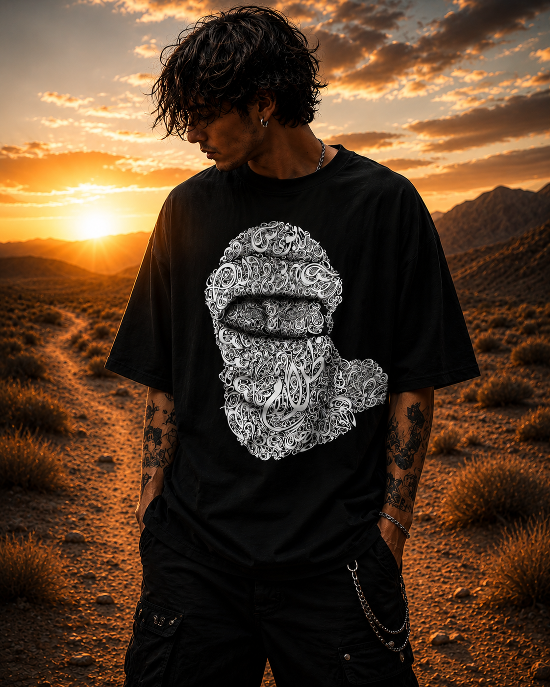 TRIPPY T-shirt 03 model in desert sunset mountains